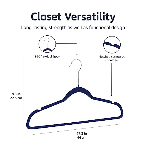 Amazon Basics Slim, Velvet, Non-Slip Suit Clothes Hangers, Navy Blue/Silver - Pack Of 50