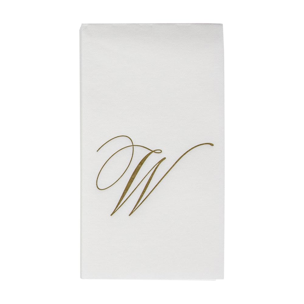 Caspari White Pearl & Gold Paper Linen Boxed Guest Towel Napkins In Letter W - Two Packs Of 24