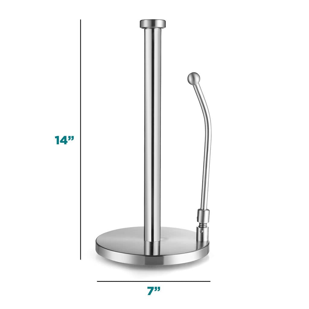 Stainless Steel Paper Towel Holder - Standing Paper Towel Dispenser With Adjustable Spring Arm & Weighted Base For Kitchen, Bath