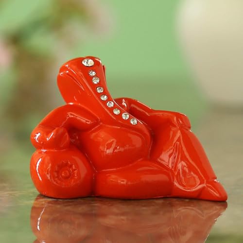 Craftam Polyresin Orange Ganesha Statue For Car Dashboard God Ganesh Murti Ganpati Idol Figurine With Double Side Tape