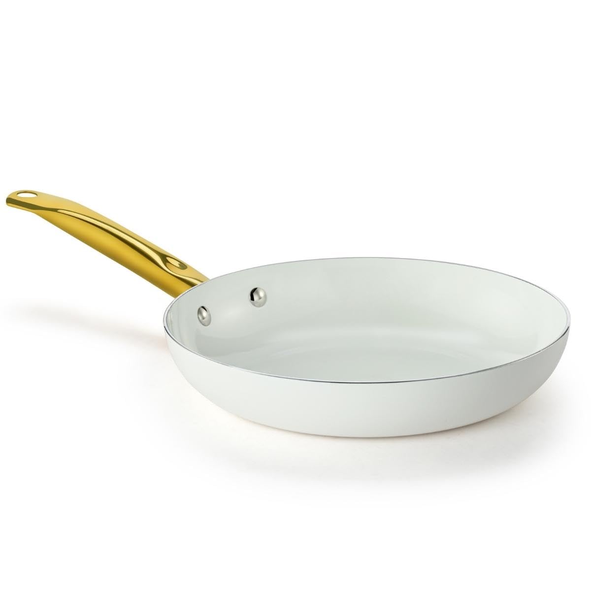 Holstein Housewares 8Inch Ceramic Nonstick Frying Pan Skillet, Elegant White and Gold Color Handle  Golden Elegance for Every 