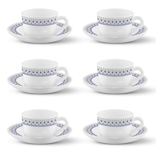 Larah By Borosil Ocean Opalware Cup And Saucer Set Of 12 Pcs | Tea/Coffee Cups 145 Ml | Microwave & Dishwasher Safe | Bone-Ash F