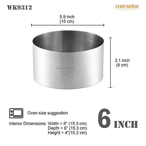 Chefmade Mousse Ring Mold, 6-Inch Round Non-Stick Seamless 18/8 Stainless Steel Food Molding