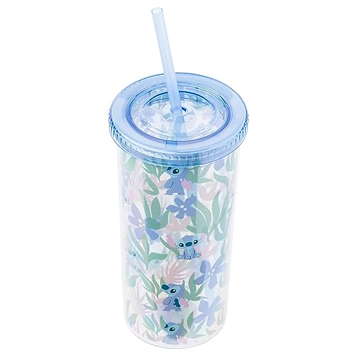 Silver Buffalo Disney Lilo And Stitch Cute Floral And Leaves Pattern Plastic Tall Cold Cup With Lid And Straw, 20 Ounces