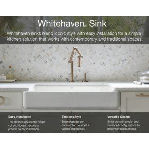 Kohler Whitehaven Farmhouse Self-Trimming Apron Front Cast Iron Sink, Single Bowl With Short Apron, 24 Inch, White