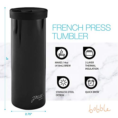 Bobble French Coffee Presse, On-The-Go Use, Quick Brew, Slim Design, Triple Wall Insulation, 14 Oz (Stainless Steel)