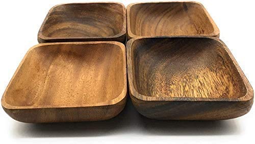 Acacia Handmade Wood Carved Plates - Set Of 4 Calabash Bowls Size 4'' (Square)