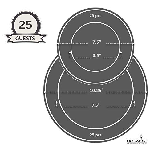 ' OCCASIONS '' 50 Plates Pack (25 Guests)-Heavyweight Wedding Party Disposable Plastic Plate Set -25 x 10.25'' Dinner + 25 x 7.5'' Salad/Dessert plates (Florence White & Gold)