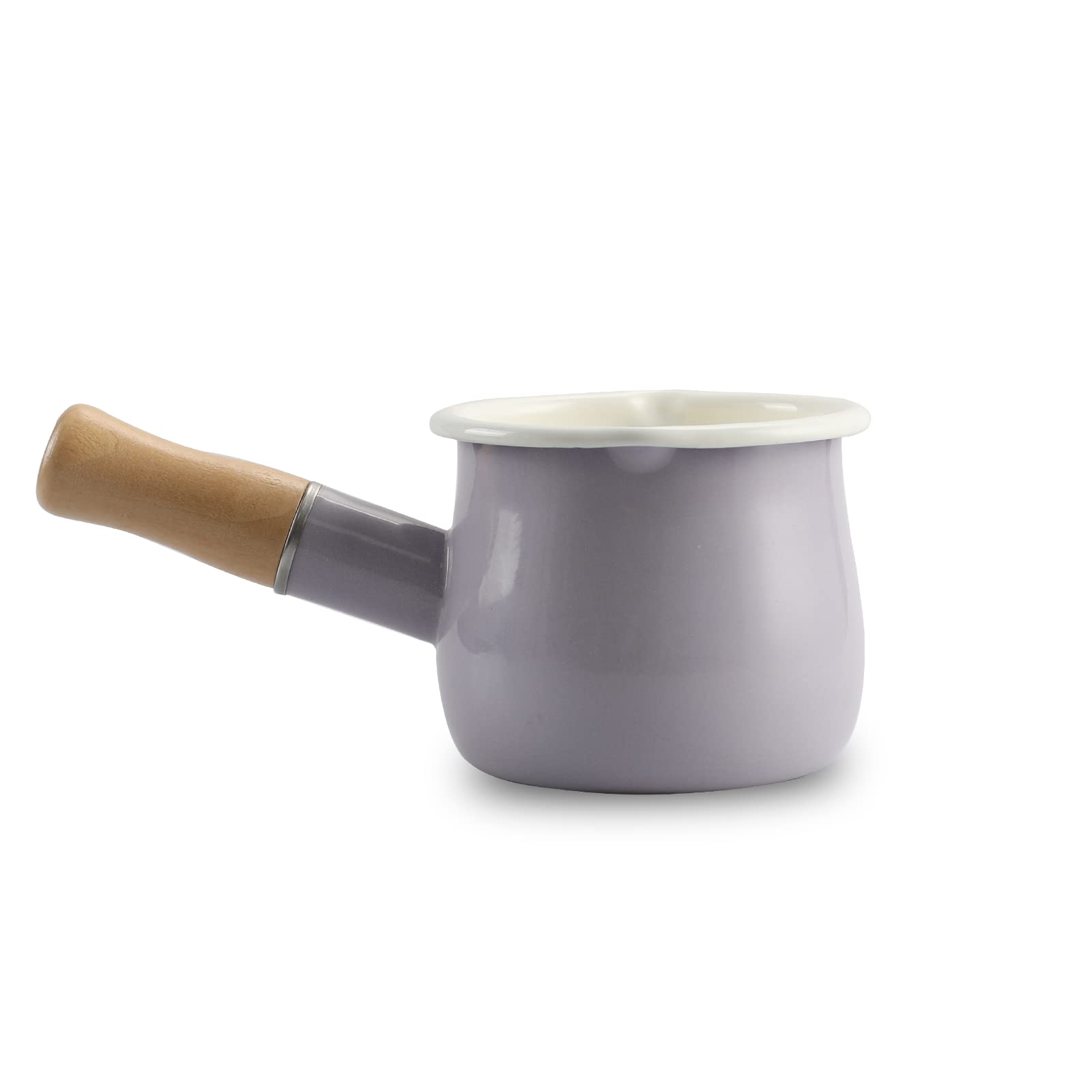 Farcady 0.6Qt Mini Enamel Milk Pot Insulated Wooden Handle 2 Pour Spouts Small Food Warmer Cute Saucepan(D015,Purple)