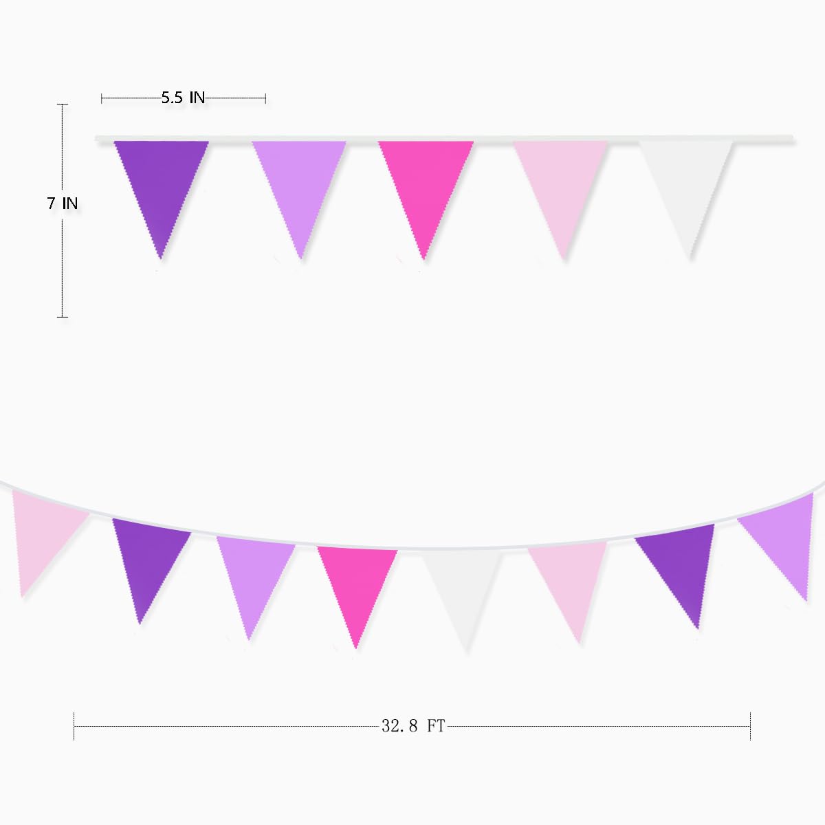 10M/32Ft Rose Pink Purple White Pennant Banner Fabric Triangle Flag Cotton Bunting Garland for Unicorn Birthday Wedding Anniversary Party Home Nursery Outdoor Garden Hanging Festivals Decoration