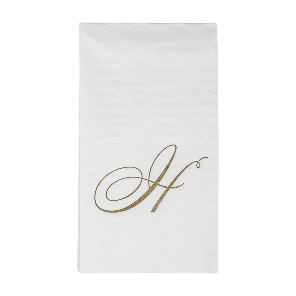 Caspari White Pearl & Gold Paper Linen Boxed Guest Towel Napkins In Letter H - Three Packs Of 24