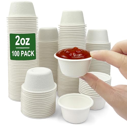 CAMKYDE 2 oz Disposable Bagasse Fiber Souffle Cups 100pk  100% Natural Biodegradable Compostable Condiment Cups Sample Cups Tasting Cups (White  Pack of 100)