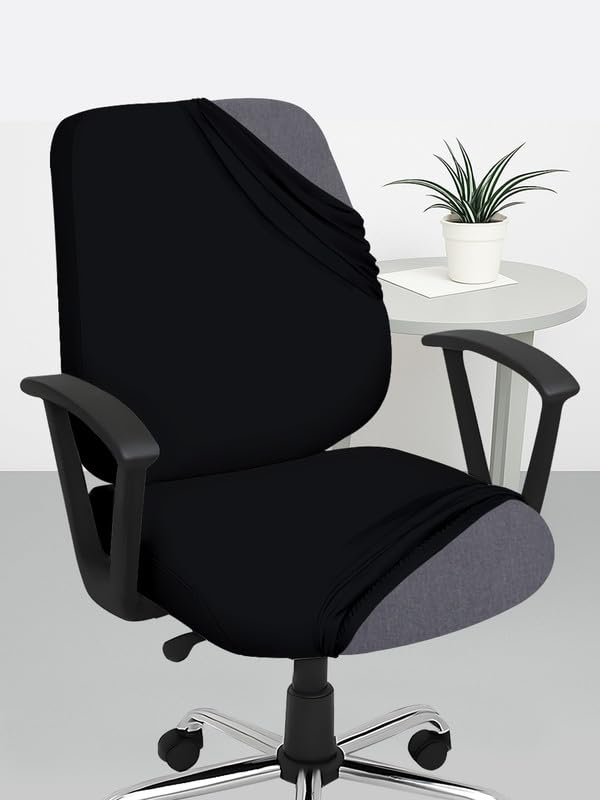 Hotkei Black 2 Piece Set Of 1 Office Chair Cover 200Gsm Fabric Stretchable Elastic Polyester Removable Washable Office Computer 