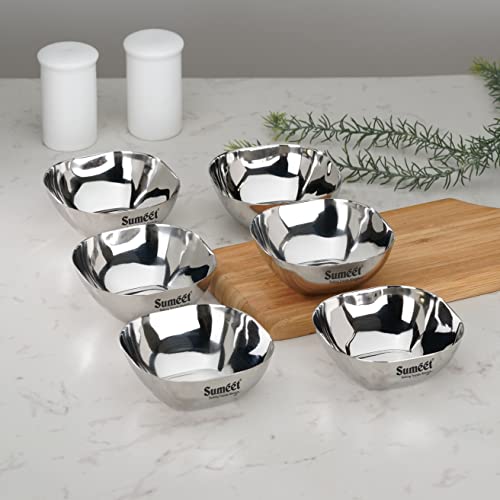 Sumeet Heavy Gauge Stainless Steel Apple Square Bowl/Wati/Katori With Mirror Finish  8Cm Dia, Set Of 6Pc, 180Ml Each  Silver