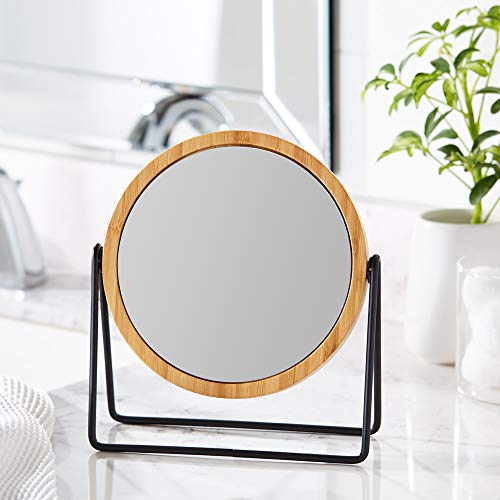 Amazon Basics Vanity Round Mirror With Bamboo Rim, Magnification, Tabletop Mount, Black, 7.2''L X 2.87 ''W