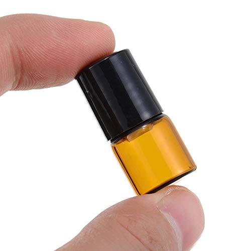 USRommaner 50 Pack 1ml Amber Glass Vials Roll On Bottle Glass Roller Bottle With Stainless Steel Roller Ball Black Cap Lid-Perfect Sample For Essential Oils Aromatherapy No Leak Free Opener&Dropper