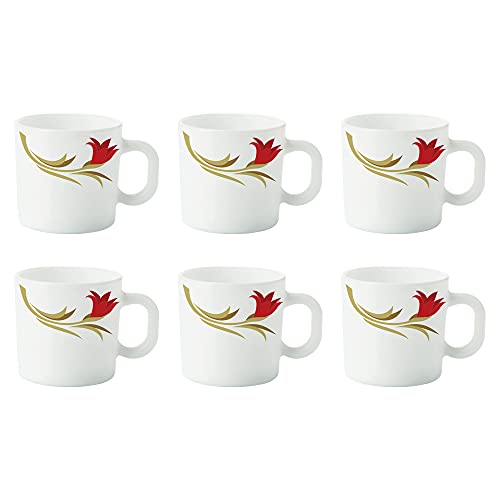 Larah By Borosil Red Lily Opalware Mug Set, 6 Piece, White, 180 Ml