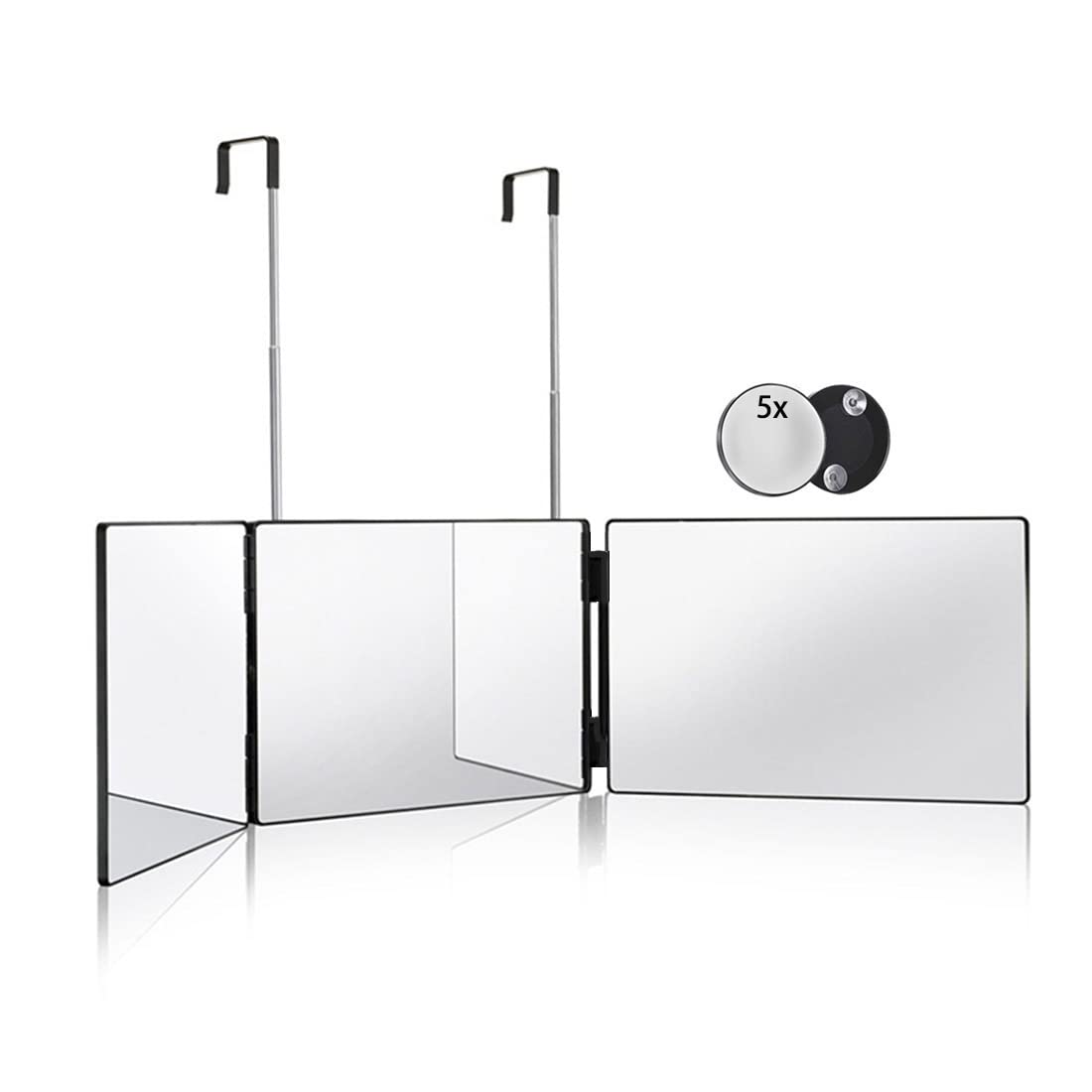 Hieey 3 Way Mirror For Hair Cutting,360 Trifold Mirror With Height Adjustable Telescoping Hooks,And 5X Magnification Mirror,For