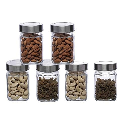 Simparte Glass Jar Barni 310Ml Transparent Square Container Set Of 6 With Airtight Steel Lid For Kitchen Pantry Storage Of Spice