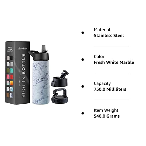 Finedine Triple Walled, Insulated Water Bottles With Straw - 25 Oz Stainless Steel Metal Bottle W/ 3 Leak Proof Lids - For Trave