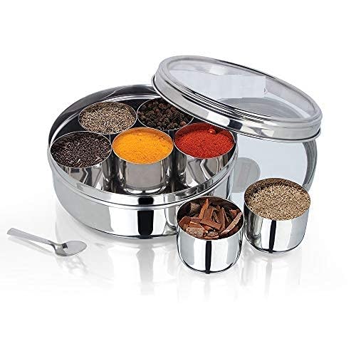 Rj Kitchenware Store Masala Dabba Stainless Steel, See Through Lid With 7 Containers, And Spoon, Size No. 11 (18.5Cm Dia) (1.5 L