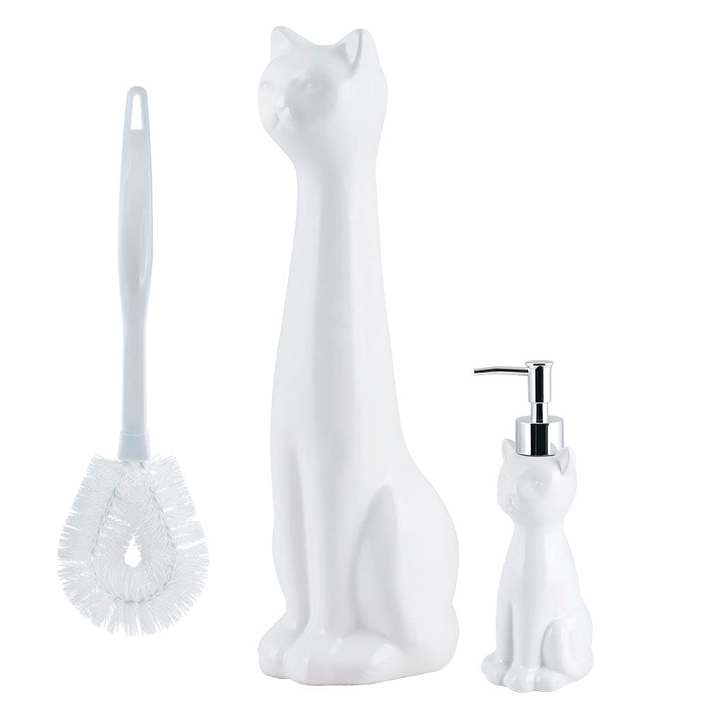 Allure Home Creation Cat 3-Piece White Ceramic Toilet Brush Holder W/White Plastic Handled Scrub Brush & Soap Dispenser-White
