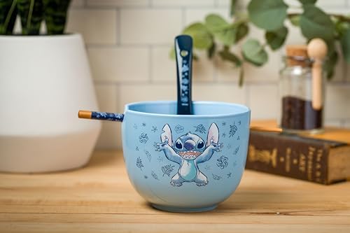 Silver Buffalo Disney Lilo And Stitch Hands Up Leaves And Flowers Ceramic Ramen Noodle Rice Bowl With Chopsticks And Spoon, Micr