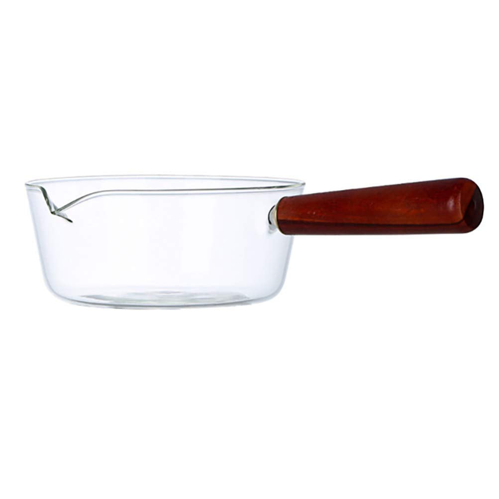 YARNOW Glass Saucepan with Wood Handle, 14oz Clear Milk Pot, High Borosilicate Glass Cooking Pot for Heating Milk, Soup, Noodles