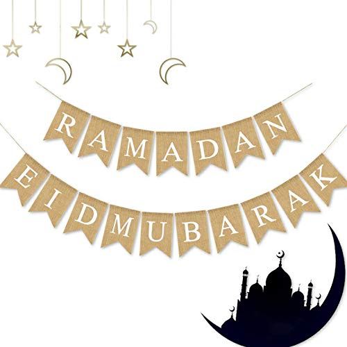 Swyoun Burlap Ramadan Eid Mubarak Banner Supplies Muslim Fireplace Mantel Decoration