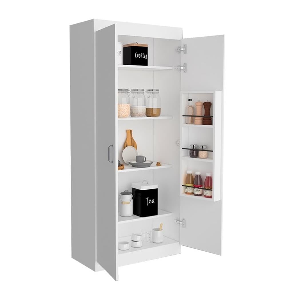 TUHOME Varese Pantry Cabinet  Two Door Cabinet  Three Internal Door Shelves  Five Shelves  White   For Kitchen Room