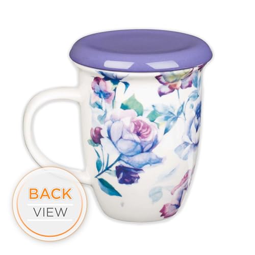 Christian Art Gifts Coffee/Tea Mug with Lid/Coaster Be Still and Know - Psalm 46:10 Bible Verse Encouraging Gift for Women 13 Ounce Ceramic Purple Roses Large Teacup with Lid