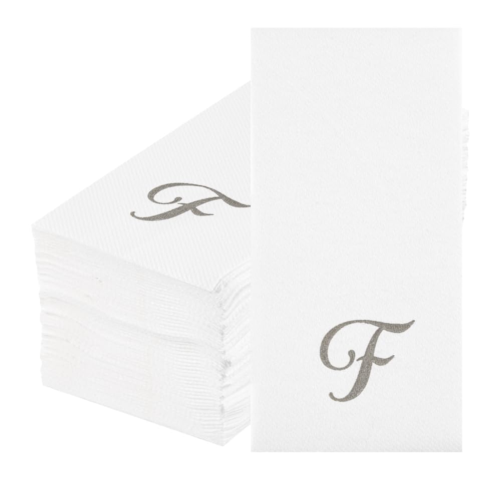 Luxenap 15.8 X 7.9 Inch Linen-Feel Guest Towels, 50 Lettered Hand Towels - Silver Letter 'F', Cursive Font, White Paper Dinner N