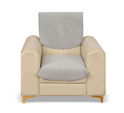 Yellow Weaves 1 Seater Self Design Quilted Sofa Chair Cover, Seat & Back Cover, Color - Light Grey, Velvet