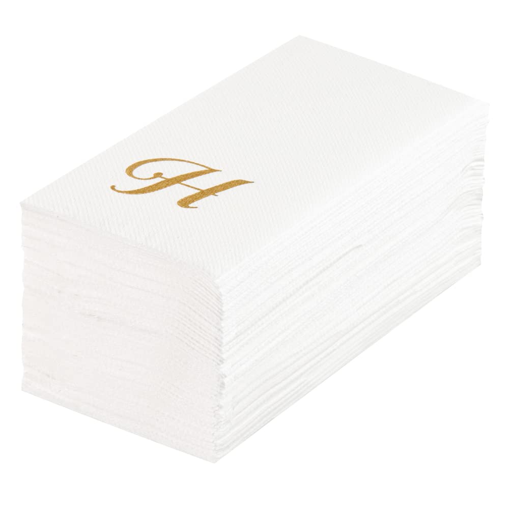 Luxenap 15.8 X 7.9 Inch Linen-Feel Guest Towels, 2000 Lettered Hand Towels - Gold Letter 'H', Cursive Font, White Paper Dinner N