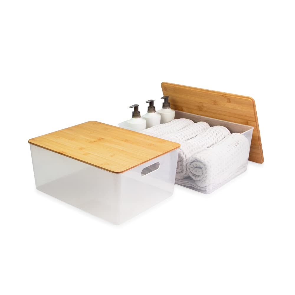 Isaac Jacobs 2-Pack Xl Clear Storage Bin Set W/Cut-Out Handles And Bamboo Lid, Plastic Organizers For Home, Pantry, Kitchen, Clo