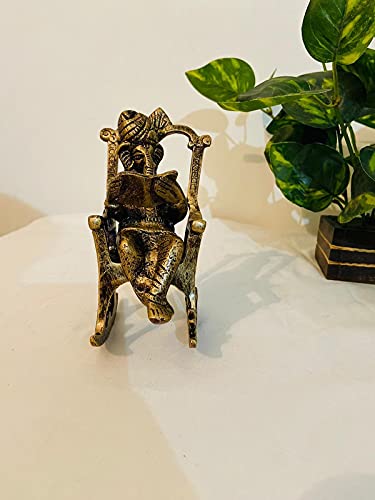 Akriti Brass Art Wares Ganesh Chair Antique Sitting Reading Ganpati Aluminum Murti Ganesha Idol For Gifting Home Decor Mandir Te