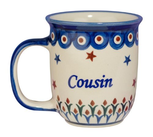 Polart, 12 Oz Polish Boleslawiec Pottery Coffee Mug - Blue Stoneware Kuzyn/Cousin Word Design Mugs For Coffee And Tea Lovers - H