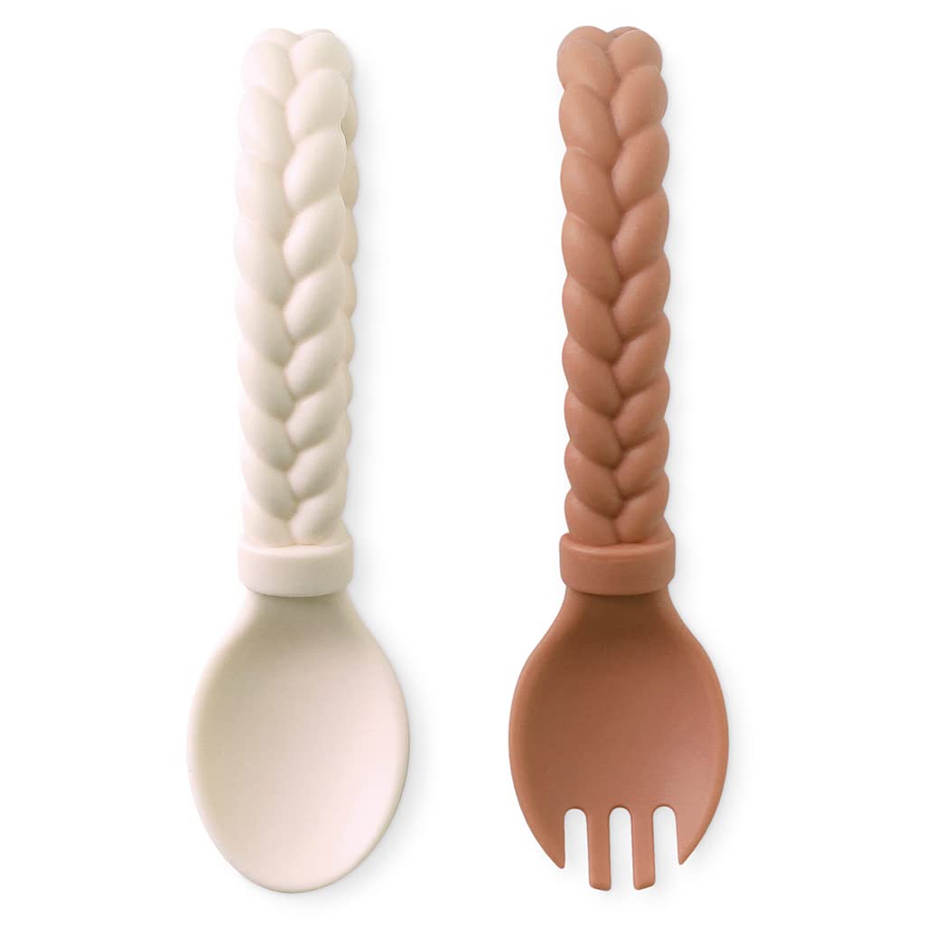 Itzy Ritzy Silicone Spoon & Fork Set; Baby Utensil Set Features A Fork and Spoon with Looped, Braided Handles; Made of 100% Food
