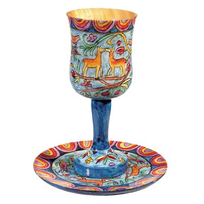 Kiddush Cup & Fountain Set - Yair Emanuel Wooden Kiddush Cup And Saucer Oriental (Bundle)