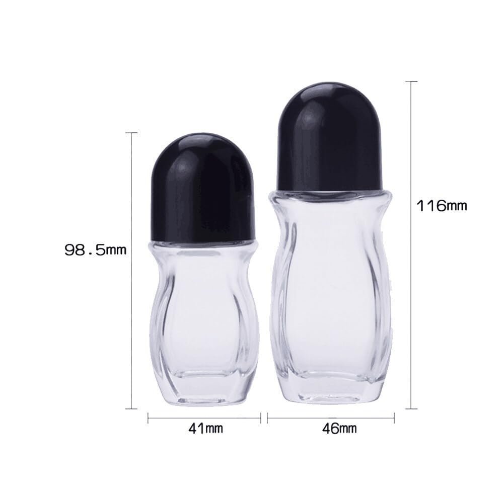 Quupy 2Pcs 50Ml Glass Roll-On Bottle Empty Clear Refillable Glass Roll-On Deodorant Bottle With Plastic Roller Ball And Black Ca