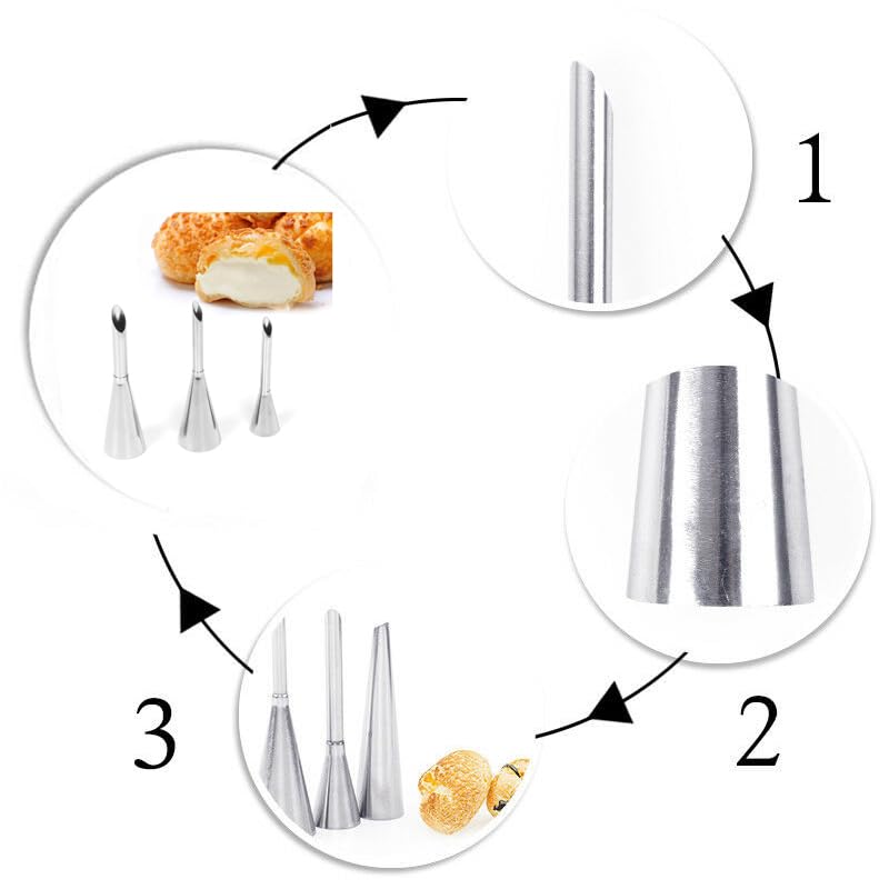 5 Pcs/Set Cream Puff Icing Piping Nozzle Tips, Betterjonny Stainless Steel Long Puff Nozzle Tip Decorating Tools Cake Piping Noz