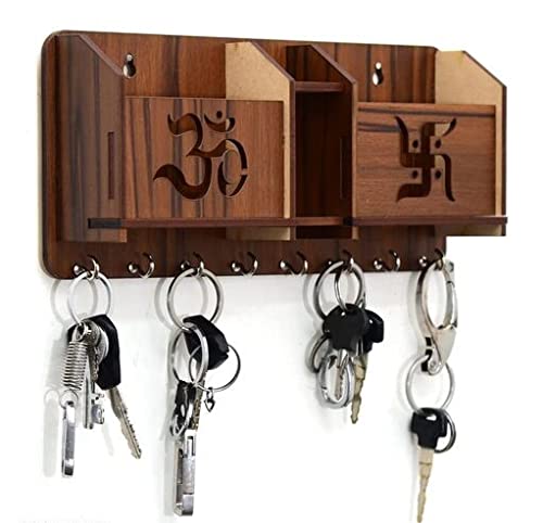 Wooden Om Swastik Design with Mobile, Key and Pen Holder Stand for Home Wall, Office, Hall Living Room (Brown)