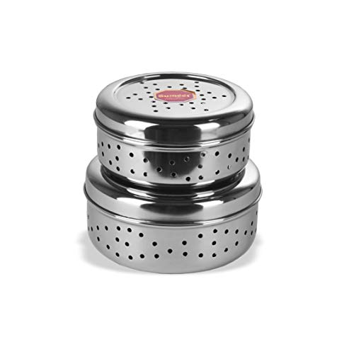 Sumeet Stainless Steel Hole Puri DabbasSprout MakerFlat Canisters with Air Ventilation Size No.8-12.5cm Dia & No. 9-14 cm Dia  1 Liter  Silver