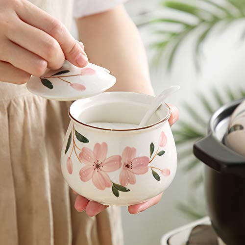 Ceramic Japanese Hand Painted Flower Sugar Bowl Seasoning Jar With Lid Spoon