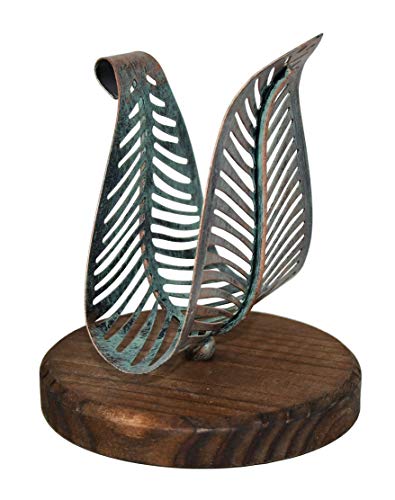 OwlGift Freestanding Modern Napkin Holder w/Golden Turquoise Metal Leaf & Brown Wooden Base Design  Tabletop Tissue Dispenser  Napkin Storage Organizer