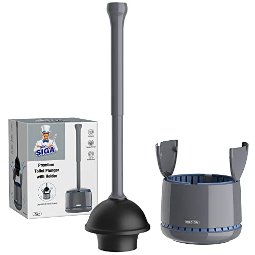 Mrsiga Toilet Plunger With Holder, Heavy Duty Plunger With Sturdy Handle For Toilet Cleaning, Gray