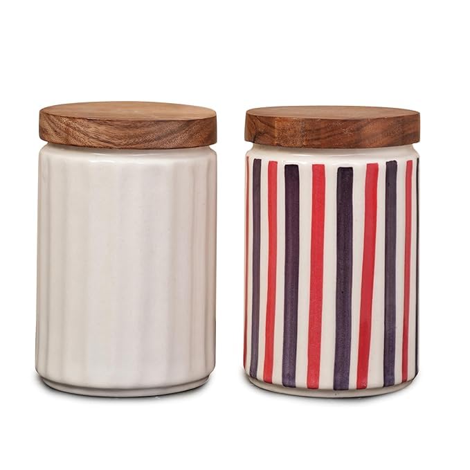 Ocean Store Airtight Ceramic Jar With Wooden Lid, 900Ml Pack Of 2, Kitchen Container For Sugar, Tea, Salt, Pickles (White + Rain