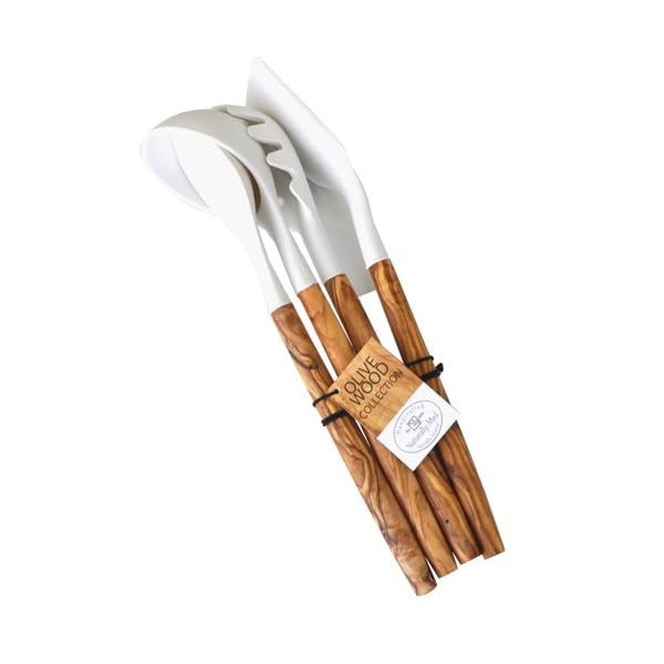 Naturally Med Silicone and Olive Wood Utensils Set, 12", Brown/White, Model OLsilicone-set, 4 Pieces