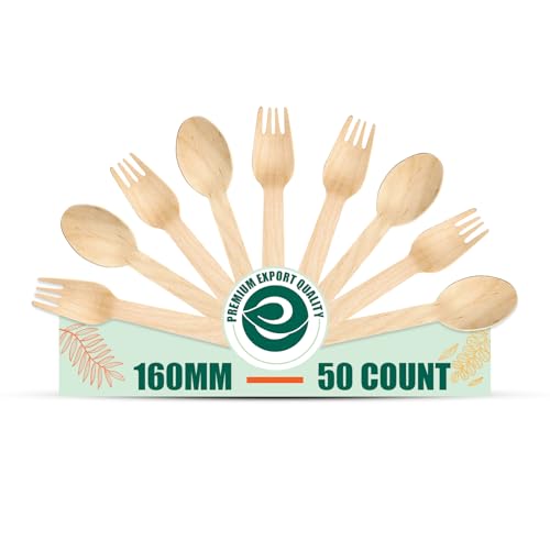 Eco Soul [160Mm, 50 Pack] Disposable Spoons & Forks Set | Wooden Dining Flatware | Ideal For Kids Birthday, Wedding & Party
