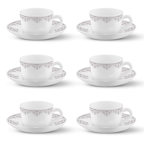 Larah By Borosil Lark Opalware Cup And Saucer Set Of 12 Pcs | Tea/Coffee Cups 145 Ml | Microwave & Dishwasher Safe | Bone-Ash Fr